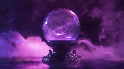 A glowing crystal ball with a purple cosmic nebula inside, surrounded by swirling mist.