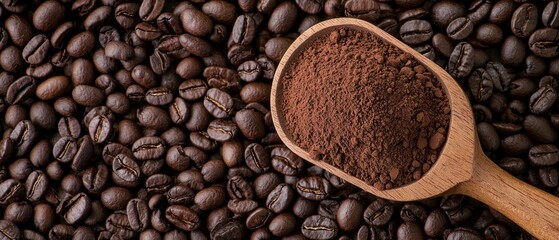 Fototapeta premium A wooden spoon holding coffee beans next to a mound of ground coffee and a scoop of grounds