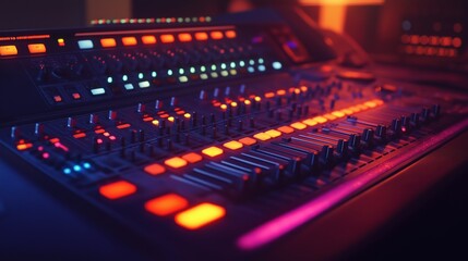 A vibrant close-up of an illuminated audio mixing console in a recording studio, showcasing colorful dials, switches, and LED indicators.