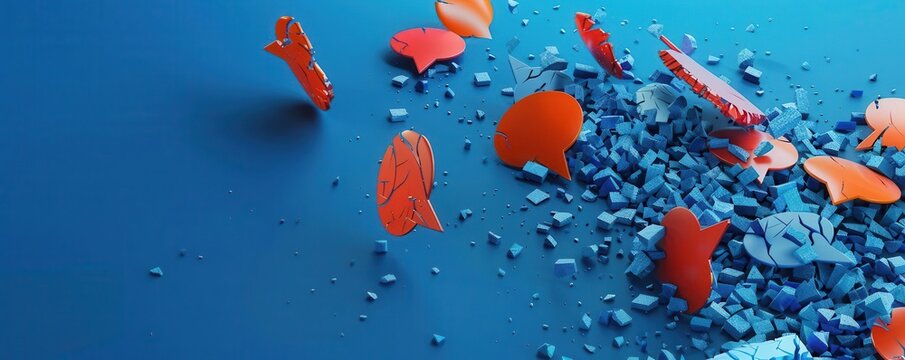 Broken speech bubbles with hate speech spilling out, representing the harm of abusive language online