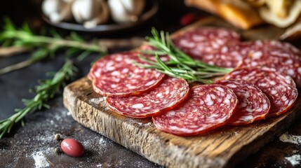 Slices of salami arranged on a wooden board with herbs and spices.