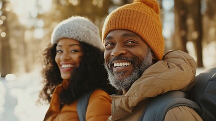 Obraz premium A senior African American couple smiling happily while enjoying a winter day outdoors