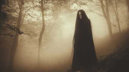 A haunting, cloaked figure with a skeletal mask looms in a misty, eerie forest.
