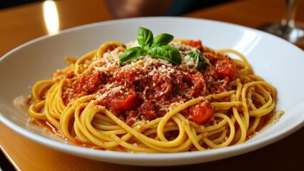  Delicious pasta dish with vibrant sauce and fresh basil