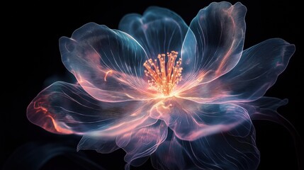 Obraz premium A stunning close-up of a glowing, translucent flower with neon blue and pink hues.