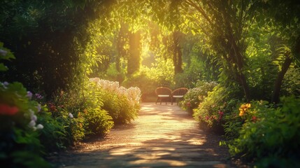 Obraz premium A peaceful garden scene with sunlight filtering through lush green trees, leading to a pair of benches surrounded by vibrant flowers and greenery.