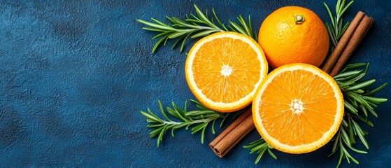  A collection of oranges atop a blue surface, accompanied by cinnamon sticks and a sprig of rosemary