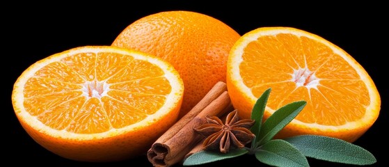  A mound of oranges, an orange slice atop one, a cinnamon stick projecting from it, nearby lies a collection of cinnamon sticks