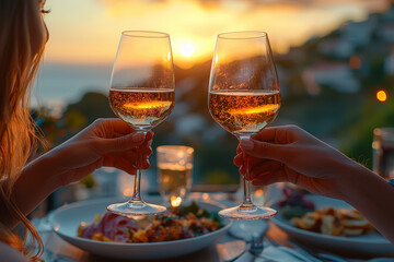 Naklejka premium A couple enjoying a sunset dinner on a rooftop terrace, with wine glasses raised in a toast.