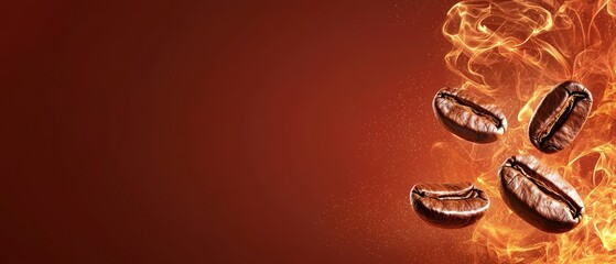  A red background hosts a cluster of coffee beans atop a stack of heated ones, presenting coffee beans before a fiery backdrop