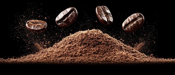  A stack of coffee beans contrasted against a stack of ground coffee beans on a black backdrop, with beans escaping from each pile