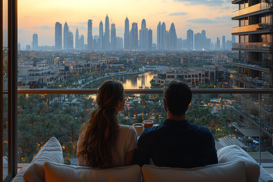 A couple enjoying a morning coffee on a balcony overlooking a bustling city, with the skyline in the distance.