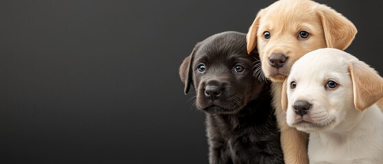 Obraz premium Three puppies face the camera, one each, against a black backdrop The first and third gaze directly at it, while the second gazes elsewhere