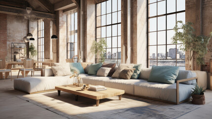 Modern living room interior with large windows