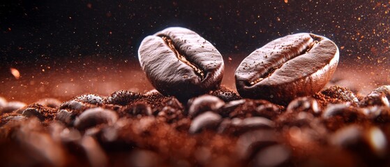  A couple of coffee beans atop three piles of beans