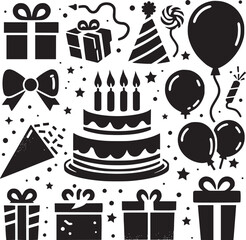 Birthday Party Icon, Cake icon and Gift Icon Set