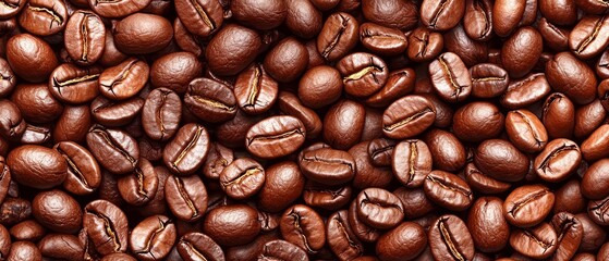Obraz premium A mound of coffee beans with some in the center and a few more scattered in the same area