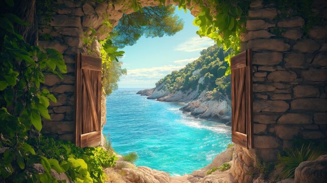 Fototapeta A serene ocean view seen through an open rustic window, framing crystal-clear waters, rocky cliffs, and lush greenery.