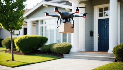 drone in mid-flight delivers a package to a suburban home, showcasing advanced delivery solutions for residential services