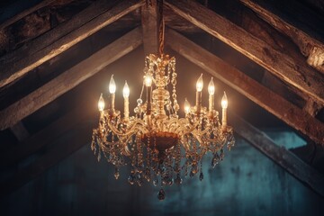 vintage chandelier adorned with crystals suspended from a weathered beam, illuminating a shabby chic banner with a warm, soft glow, evoking a romantic and nostalgic feel