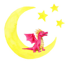 Pink dragon on crescent and stars. Watercolor illustration on white background. For baby shower design, postcard, invitation, cards, posters, stickers