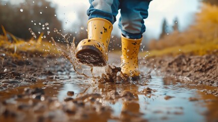 Image of a child wearing yellow rain boots splashing in a muddy puddle outdoors.