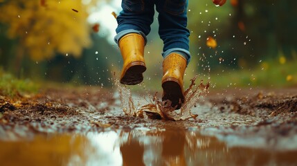 Image of a child wearing yellow rain boots splashing in a muddy puddle outdoors.