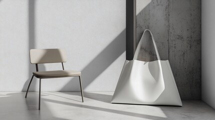 A contemporary oversized tote bag in white with sharp edges and minimal hardware, leaning against a simple chair in a minimalist room