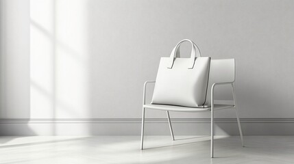 A contemporary oversized tote bag in white with sharp edges and minimal hardware, leaning against a simple chair in a minimalist room