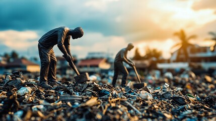 Environmental Pollution   Miniature Figures Cleaning Up Trash
