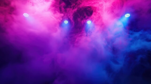 Vibrant blue and pink stage lights cutting through swirling purple smoke.