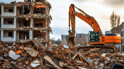 Fototapeta premium Excavator Demolishing Building Demolition Debris Construction Site