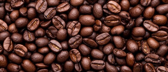 Fototapeta premium A mound of coffee beans, predominantly brown and black with yellowish highlights atop