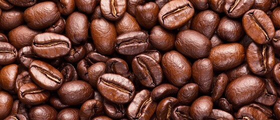 Fototapeta premium A stack of roasted coffee beans, brown with hints of striped browning at their ends
