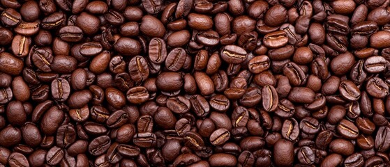 Fototapeta premium Scattered coffee beans with a cluster in the photo's center