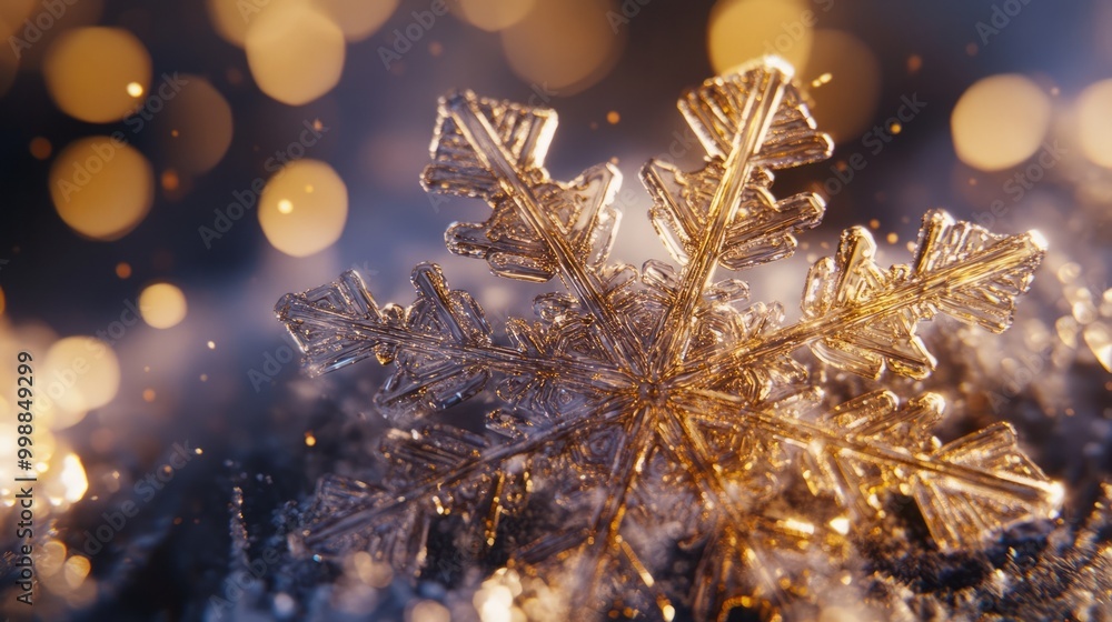 Poster a close-up of a snowflake, its intricate details highlighted with shimmering gold paint, capturing t
