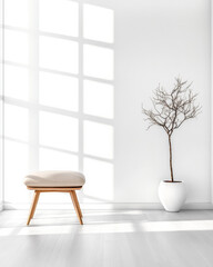 Fototapeta premium A minimalist interior with a wooden stool and a bare tree in a white vase under sunlight in a bright room