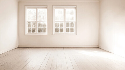 Fototapeta premium Bright and empty room with large windows showcasing natural light and wooden flooring, ideal for minimalistic interior design and decoration