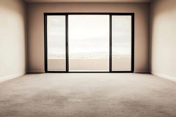 Fototapeta premium Spacious empty room with large sliding glass doors offering a view of a cloudy landscape