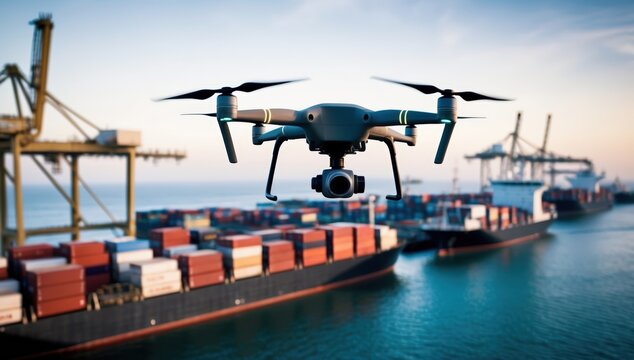 Quadcopter with camera hovers above cargo containers