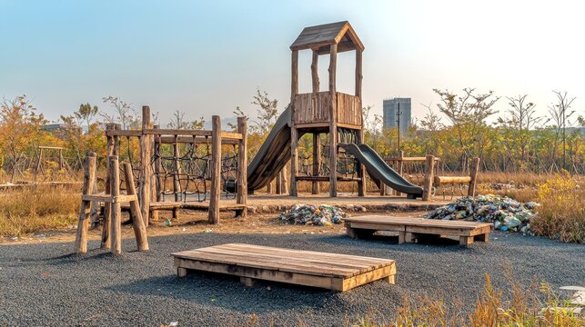 Wooden Playground Equipment in Park with Trash and Gravel Ground