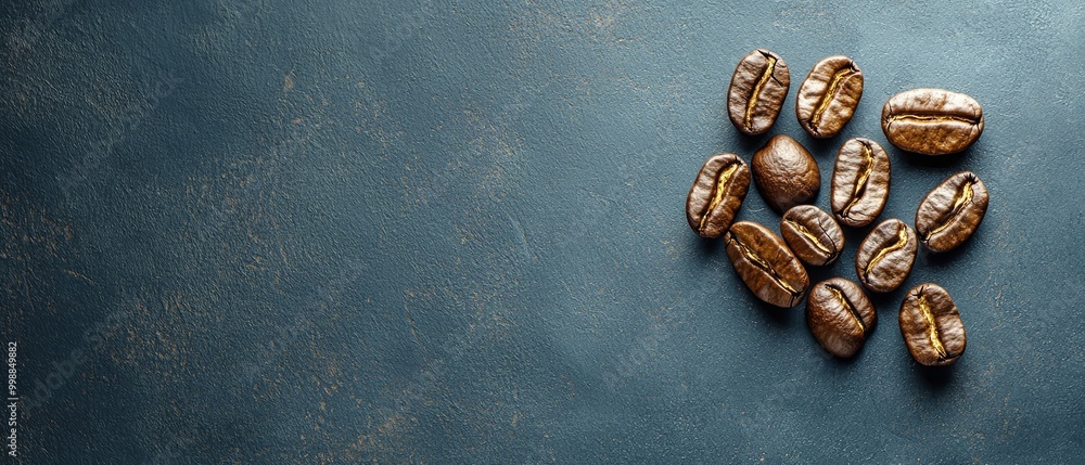 Wall mural two piles of coffee beans on a blue counter top