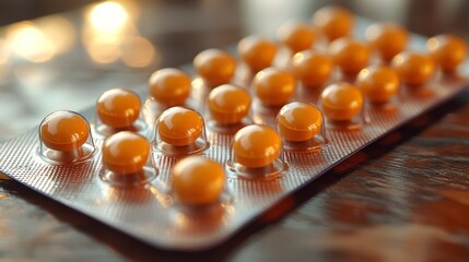 Close-up of Orange Pills in a Blister Pack on Wooden Surface