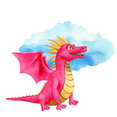 Pink dragon near blue cloud. Watercolor illustration on white background. For baby shower design, postcard, invitations, cards, posters, stickers