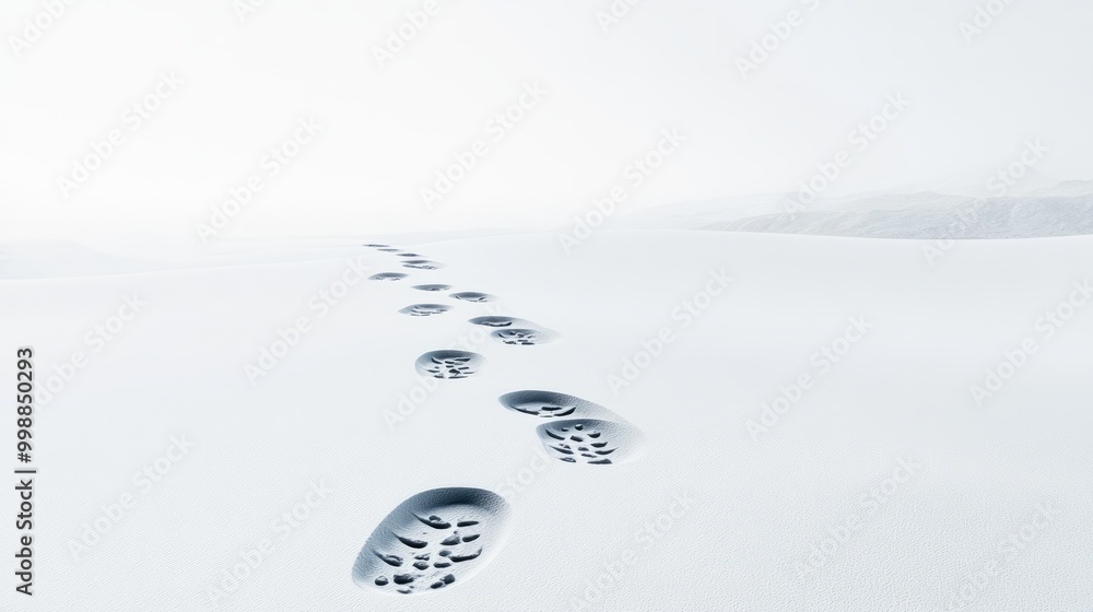 Poster a playful pattern of footprints trailing across a pristine white background, leading towards a dista