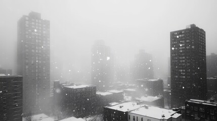 A monochromatic cityscape during a blizzard, buildings blurred by swirling snow, creating a sense of mystery and isolation.