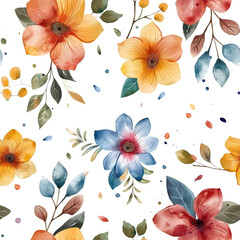Seamless watercolor floral pattern wallpaper, white background backdrop. Flower, colorful, playful nature motif, artistic detailed composition