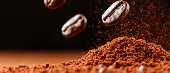  A stack of coffee beans spills onto a mound of ground coffee beans against a dark backdrop, with three beans breaking free