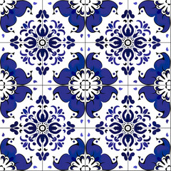Seamless ornate azulejo ceramic tile art pattern wallpaper background backdrop. Blue abstract ornaments, glazed tilework from Spain and Portugal