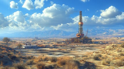Obraz premium A desolate landscape with a large oil rig in the middle